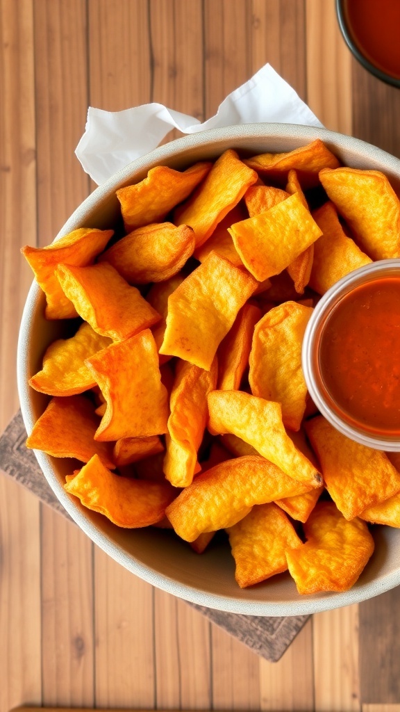 A bowl of golden crispy yuca chips with a dipping sauce on a rustic wooden table.
